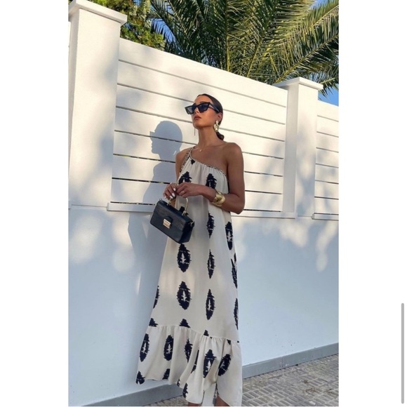 Zara asymmetrical one shoulder braided tie ikat maxi dress M - Picture 7 of 14